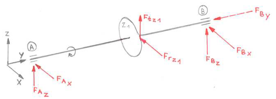 Freikörperbild einer Welle mit Zahn- und Lagerkräften